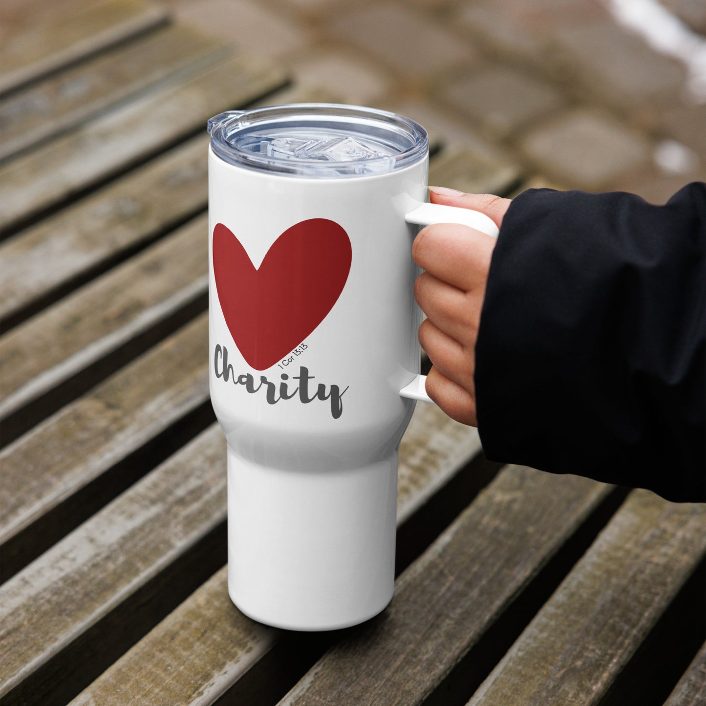 Faith Hope and Love Travel mug with a handle