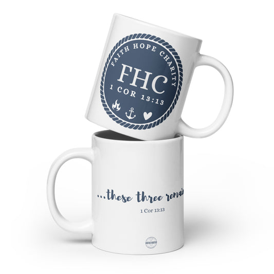 Faith Hope and Charity White glossy mug